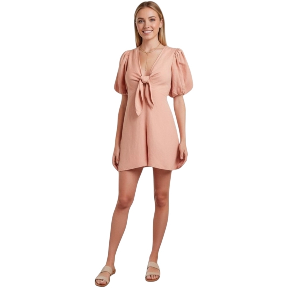 Express Playsuit Linen Pink Puff Short Sleeve Tie V Neck Shorts Romper Small